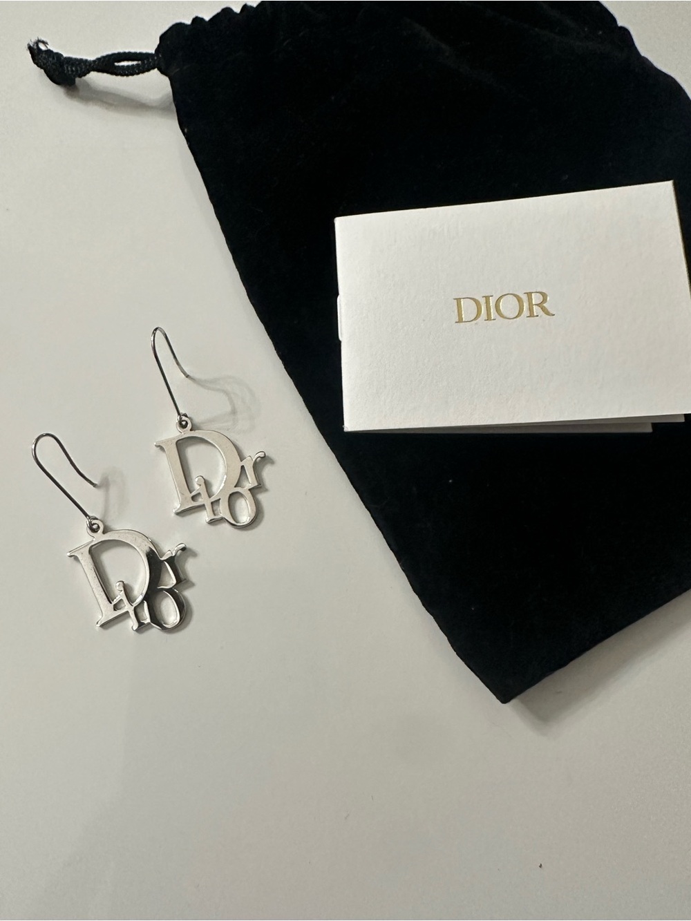 Dior Silver Logo Hook Drop Earrings